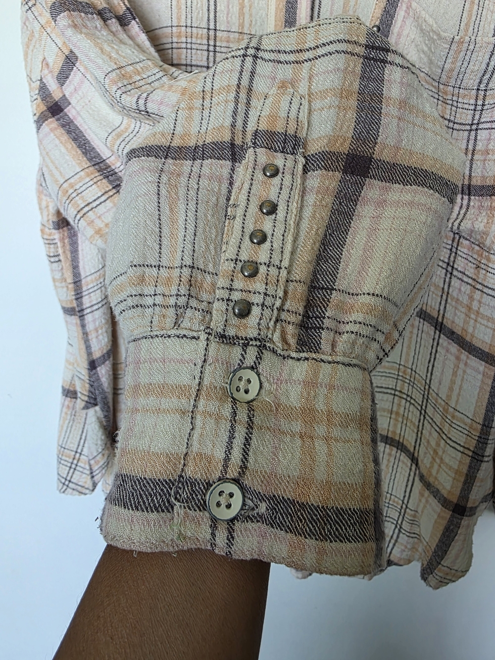 Free People Hidden Valley Plaid Shirt in Cream, Taupe Soft Pink Oversized - Picture 8 of 10